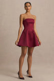 Lioray Burgundy Satin Bandeau Neck A Line Mini Dress
