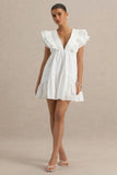 Judie White Poplin V Neck Ruffled Mini Dress