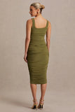 Lisbon Olive Maternity Square Neck Ruched Midi Dress