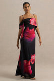 Leonara Black And Pink Floral Print Cowl Neck Maxi Dress With One Sleeve