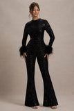 Asteroid Black Sequin Long Sleeve Jumpsuit With Feather Cuffs