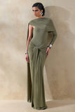 Trisara Olive Asymmetric Neck Maxi Dress With Gathered Detailing And Sash
