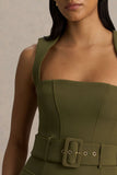 Sandra Olive Square Neck Tailored Maxi Dress With Front High Split