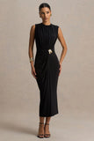 Harlow Black Crew Neck Wrapped Midi Dress