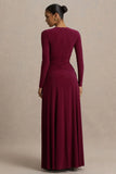 Estrella Berry High Neck Maxi Dress With Ruched Detailing