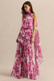 Veronique Pink Hibiscus Floral Halter Neck Maxi Dress