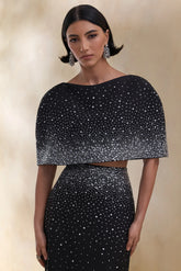 Luxy Black Embellished Boat Neck Crop Top With Cape Sleeves