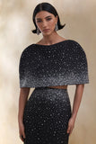Luxy Black Embellished Boat Neck Crop Top With Cape Sleeves