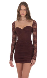 Lace Long Sleeve Bodycon Dress in Brown
