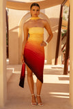 Dania Orange Ombre Bandeau Asymmetric Midi Dress With Tie Waist