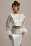 Solita Sand Sequin Long Sleeve Crop Top With Feather Trim