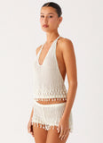 Pearl Shore Beaded Crochet Top Ivory