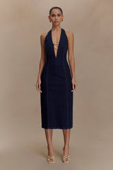 Shauna Denim Halter Midi Dress Indigo Blue