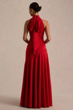 Luscious Red High Neck Maxi Dress With Drop Waist And Bow Detail