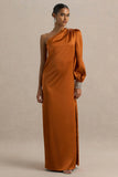 Thelma Orange Satin Asymmetric Maxi Dress With One Sleeve