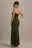 Edel Olive Satin Strapless Maxi Dress With Drape