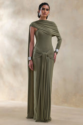 Trisara Olive Asymmetric Neck Maxi Dress With Gathered Detailing And Sash