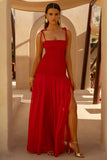 Maeva Red Square Neck Fishtail Maxi Dress With Ruched Detailing