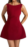 Women Sexy Backless Mini Dress Sleeveless Open Back A Line Formal College Graduation Dress