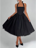 Women Halter Midi Dress Corset Back Layered Tulle Skirt A Line Formal Dresses Wedding Guest Bridal Shower