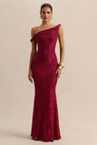 Afina Burgundy Lace Asymmetric Neck Maxi Dress
