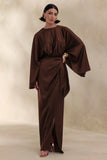 Delphina Brown Satin Maxi Dress With Gathered And Knot Detail
