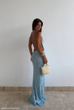 Carmen Crochet Sequin Maxi Open Back Dress Blue