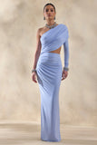 Malika Powder Blue Asymmetric Neck Maxi Dress With Body Cut Out And Gathered Detailing