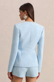 Rosalina Light Blue Extreme Plunge Neck Tailored Blazer