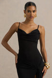 Virtue Black Cowl Neck Fishtail Maxi Dress With Split
