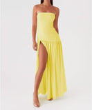 Women Tube Top Dress Tiger Stripe Mesh Patchwork Maxi Dress Strapless Sexy High Slit Long Dresses Beach Vacation
