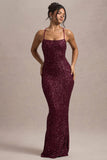 Cosmic Berry Sequin Square Neck Strappy Maxi Dress