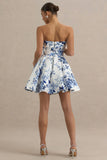 Fiorenza Blue Porcelain Print Bandeau Mini Dress With Volume Skirt