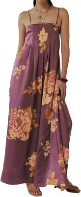 Women Boho Floral Maxi Dress Backless Spaghetti Strap A Line Flowy Summer Vacation Long Dress