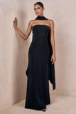 Charly Black Matte Satin Bandeau Maxi Dress With Scarf Detail