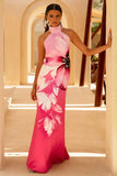 Leia Pink Lily Print High Neck Maxi Dress
