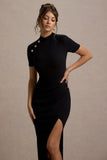 Claudetta Black High Neck Short Sleeve Split Maxi Dress
