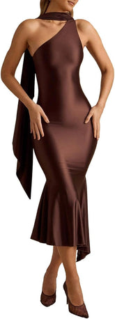 Women Formal Satin Dress One Shoulder Asymmetrical Scarf Mermaid Hem Midi Dress Cocktail Prom Gown