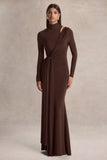Alastrina Brown High Neck Maxi Dress With Gathered Detailing