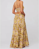 Women Floral Maxi Dress Tie Front Cut Out Backless Boho Spaghetti Strap Summer Beach Sundress