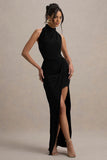 Hayden Black High Neck Draped Split Maxi Dress