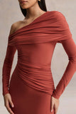 Elliora Rust Asymmetric Neck Midi Dress