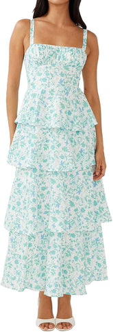 Women Floral Maxi Dress Sleeveless Bow Back Tiered Boho Flowy Long Dresses Summer Fall