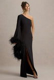 Armina Black One Shoulder Feather Trim Maxi Dress