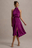Palonia Dark Pink Satin High Neck Split Midi Dress