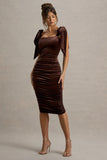 Tarna Brown Velvet Midi Dress With Bow Straps