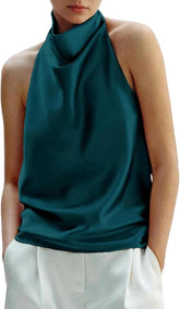 Women Halter Top Cowl Neck Backless Satin Silk Tank Tops Elegant Going Out Clubwear