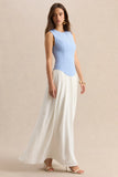 Iliana Powder Blue And White Crew Neck Maxi Dress With Drop Waist And Pleated Skirt