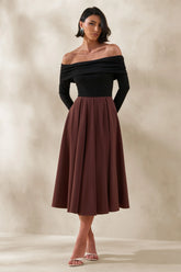 Frederica Black And Brown Bardot Neck Midi Dress