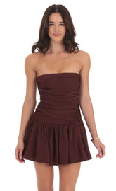 Strapless Ruched Flare Dress in Brown